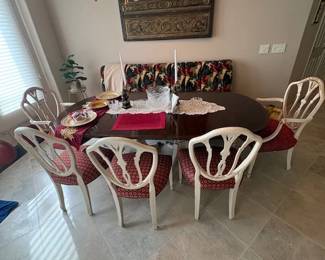 Solid Mahogany Dining set with chairs- leaf- Pedestal base 84" x 42" Chairs are all upholstered seats