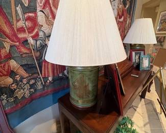 Mid Century modern green and gold ceramic table lamp- 2 available