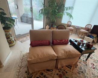 2 Armless side chairs, tan upholstery in excellent shape