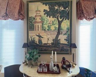 Large vintage chinoiserie decorative painting on wall panel- riverside scene with figures and a pagoda