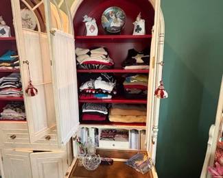 2 cabinets with curtain panels inside, Shelving- drop down table, drawers for clothes or storage - Each 30" W x 84" H