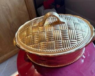 Vintage Hall "Golden Glo" oval covered casserole dish- ceramic basketweave pattern with metallic gold- 2 available