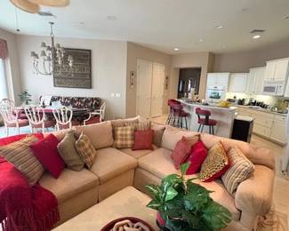 Sectional with 5 cushions, tan upholstery- excellent shape. 82" X 96" X 81"