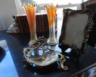 Brass Inkwell holder/Marigold fluted Bud Vase