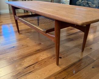 Lot #438 Teak Coffee Table by Kristensen & Thomassen Mid-Century Modern Surf Board Coffee Table – Vintage Wood Table with Woven Shelf – MCM Living Room Furniture - Authentic Danish MCM