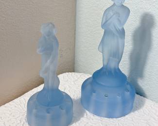 Lot #60 Art Deco Rare Soft Blue Frosted Glass Flower Frog Pair – Bashful Charlotte & Draped Lady, Cambridge Glass