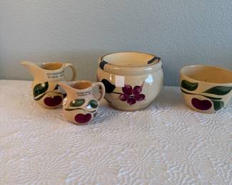 Lot #368 Vintage Stoneware Pottery Collection – Cherry Pattern, Advertising Creamers & Hand-Painted Crock