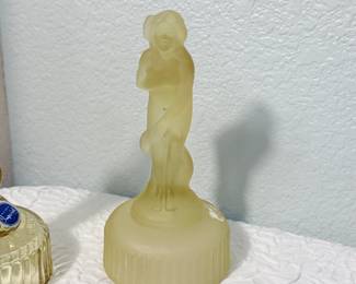 Lot #59 Art Deco “Bashful Charlotte” Soft Yellow Glass Flower Frog Pair – Imperial Glass, Frosted & Clear