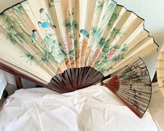Lot #374 Large Hand-Painted Asian Wall Fan – Birds, Bamboo & Peonies – Decorative Folding Fan Art