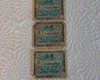 Lot #9 WWII Japanese Occupation Currency – Three (3) One Peso Notes, Philippines - Exclusive Military Currency