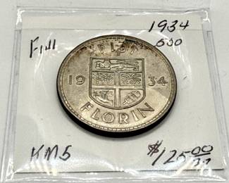 Lot #164 1934 Fiji Silver Florin – King George V – British Colonial Coin – Historic South Pacific Issue