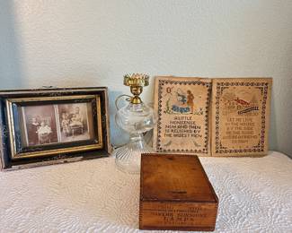 Lot #47 Antique & Vintage Decorative Estate Group – Oil Lamp, Samplers, Framed Photograph & Miners Sunshine Box