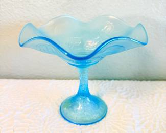 Lot #355 Rare “Peacock at the Fountain” Opalescent Blue Glass Compote – Scalloped Pedestal Dish