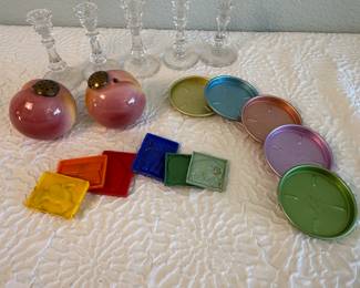 Lot #372 Vintage Home Décor Lot – Glass Candlesticks, Apple Salt & Pepper Shakers & Retro Coasters