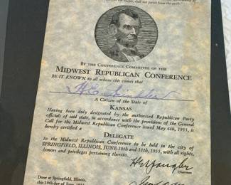 Lot #25 1906 Republican State Convention Delegate Ribbon – Des Moines, Iowa and 1935 Midwest Republican Conference Delegate Cert