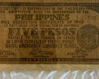 This 1945 emergency currency note from the Philippines features a 5 pesos denomination issued by the Bohol Emergency Currency Board during World War II. The note is a rare collectible that was authorized by the President of the Philippines at the time and designed for use as lawful currency under emergency conditions. A must-have for collectors of historical World War II and Philippine memorabilia.
Please defer to photos for condition. 15% Buyer's Premium. We only ship with USPS Priority Mail Flat Rate Shipping. Items with value over $100 shipping insurance must also be charged to you to protect your purchase. Please contact us regarding shipping in advance if you have any questions.
Alternative pick-up times are very limited. Please consider pick-up hours when bidding. Items that are not picked-up and shipping arrangements have not been made/paid for within 7 days will be considered abandoned.