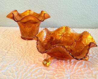 Lot #357 Marigold Carnival Glass “Holly” Pattern Bowl & Vase – Iridescent Ruffled Glass