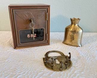 Lot #44 Vintage Coin Banks & Metal Décor – Mailbox Coin Bank, Brass Money Bag Bank & Ring