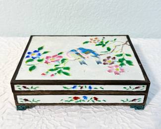 Lot #66 Vintage Enamel Decorative Box – Hand-Painted Floral & Bird Motif, Hinged Lid