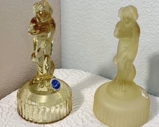 Lot #59 Art Deco “Bashful Charlotte” Soft Yellow Glass Flower Frog Pair – Imperial Glass, Frosted & Clear