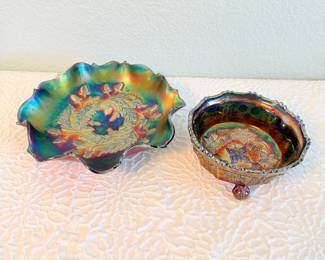 Lot #359 Fenton Carnival Glass Bowls – Purple “Acorn” & Blue “Butterfly and Berry” Fluted Footed Bowl