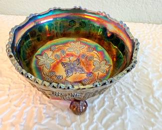 Lot #359 Fenton Carnival Glass Bowls – Purple “Acorn” & Blue “Butterfly and Berry” Fluted Footed Bowl