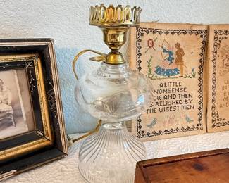 Lot #47 Antique & Vintage Decorative Estate Group – Oil Lamp, Samplers, Framed Photograph & Miners Sunshine Box