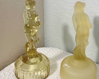 Lot #59 Art Deco “Bashful Charlotte” Soft Yellow Glass Flower Frog Pair – Imperial Glass, Frosted & Clear