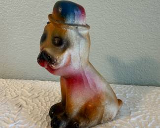 Lot #38 Vintage "Bonzo" Chalkware Dog Figurine with Bowler Hat – Painted Decorative Animal Figure