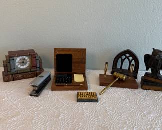 Lot #383 Vintage Desk & Office Décor Lot – Book Clock, Wood Organizer, Gavel Set & Black Owl Figurine