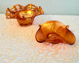 Lot #358 Fenton Marigold Carnival Glass Basketweave Open-Edge Bowl & Ruffled Bowl – Vintage Iridescent Glass Pair Kittens Fenton Marigold