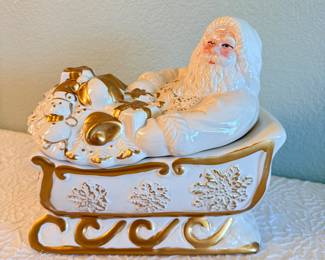Lot #361 Vintage Porcelain Santa Claus Sleigh Cookie Jar – White & Gold Christmas Holiday Decor