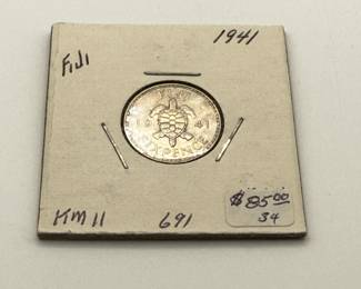 Lot #163 1941 Fiji Sixpence Silver Coin – George VI WWII Era | Sea Turtle Design | World Silver Coin Collectible