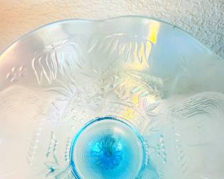 Lot #355 Rare “Peacock at the Fountain” Opalescent Blue Glass Compote – Scalloped Pedestal Dish