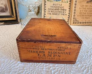 Lot #47 Antique & Vintage Decorative Estate Group – Oil Lamp, Samplers, Framed Photograph & Miners Sunshine Box