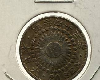 Lot #166 1901 Japan Silver 20 Sen Coin – Meiji Era Rising Sun Design – Historic Japanese Silver Coin