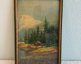 Lot #382 Vintage Framed Mountain Landscape Painting – Alpine Meadow & Forest Scenic Wall Art