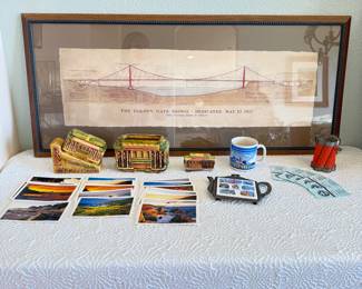 Lot #37 Framed Golden Gate Bridge Artwork with San Francisco Souvenirs & Ephemera Lot Including Cable from the Bridge!