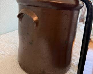 Lot #387 Antique Brown Glazed Stoneware Crock – Primitive Farmhouse Storage Pot with Canes