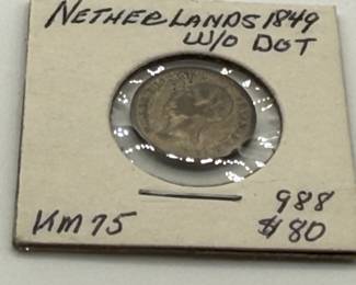 Lot #161 Vintage Netherlands 1849 10 Cents Coin – No Dot Variety – Silver World Coin – 19th Century European Currency
