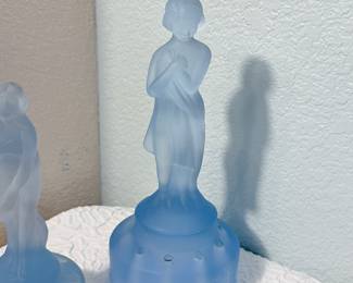 Lot #60 Art Deco Rare Soft Blue Frosted Glass Flower Frog Pair – Bashful Charlotte & Draped Lady, Cambridge Glass