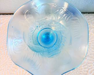 Lot #355 Rare “Peacock at the Fountain” Opalescent Blue Glass Compote – Scalloped Pedestal Dish