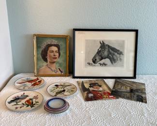 Lot #378Vintage British Collectibles Lot – Queen Elizabeth II Portrait, Horse Etching, Bird Plates & London Souvenirs