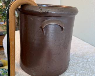 Lot #387 Antique Brown Glazed Stoneware Crock – Primitive Farmhouse Storage Pot with Canes