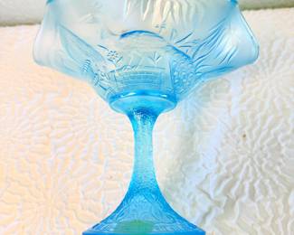 Lot #355 Rare “Peacock at the Fountain” Opalescent Blue Glass Compote – Scalloped Pedestal Dish