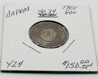 Lot #166 1901 Japan Silver 20 Sen Coin – Meiji Era Rising Sun Design – Historic Japanese Silver Coin