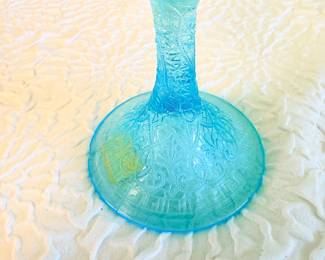 Lot #355 Rare “Peacock at the Fountain” Opalescent Blue Glass Compote – Scalloped Pedestal Dish