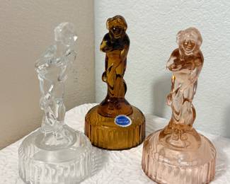 Lot #61 Art Deco “Bashful Charlotte” Flower Frog Trio – Imperial Glass in Amber, Soft Pink & Clear