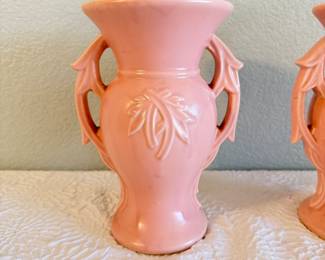Lot #51 Vintage McCoy Pottery Pink Vase Pair – Art Deco Floral Handle Vases