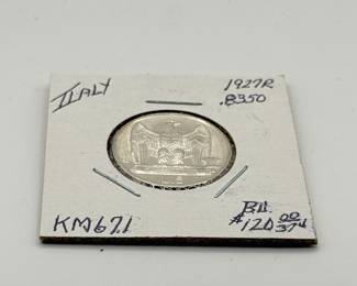Lot #157 1927-R Italy 5 Lire Silver Coin – Vittorio Emanuele III – Fascist Era Eagle – World Silver Coin